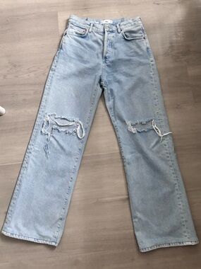 Mango Light Blue Distressed Straight-Leg Jeans